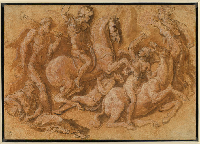 The Battle of Hercules and Theseus against the Amazons; verso, figure studies after Michelangelo The Battle of Hercules and Theseus against the Amazons; verso, figure studies after Michelangelo