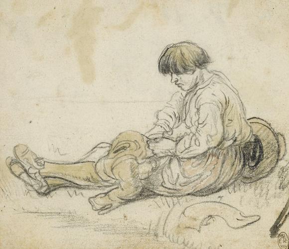 A seated peasant mending his doublet
