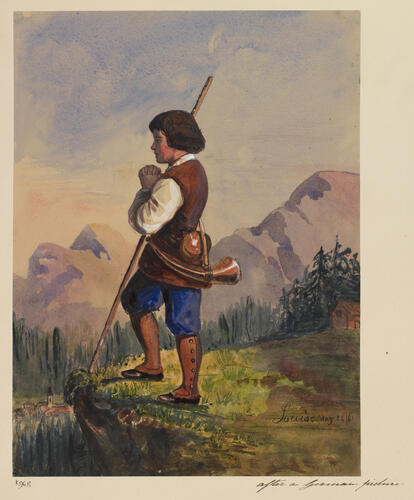 A cowherd in an alpine landscape