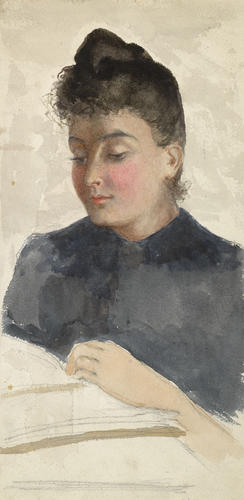 A female figure reading