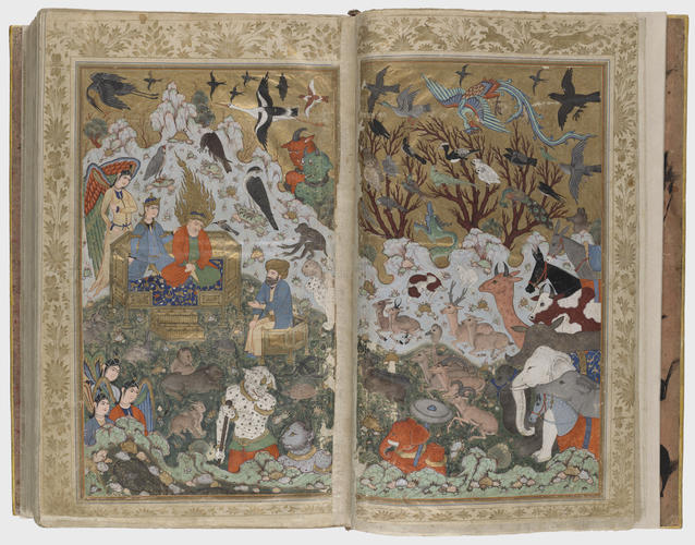 Master: Shahnamah شاهنامه (The Book of Kings)
Item: Soloman (Sulayman) and the Queen of Sheba (Bilqis) enthroned together attended by angels, demons, animals, birds, and Asaf the vizier
