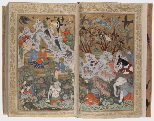 Master: Shahnamah شاهنامه (The Book of Kings)
Item: Soloman (Sulayman) and the Queen of Sheba (Bilqis) enthroned together attended by angels, demons, animals, birds, and Asaf the vizier Master: Shahnamah شاهنامه (The Book of Kings)
Item: Soloman (Sulayman) and the Queen of Sheba (Bilqis) enthroned together attended by angels, demons, animals, birds, and Asaf the vizier