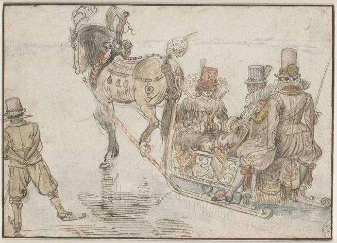 Two ladies and a gentleman on a horse-drawn sleigh