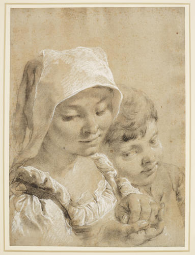 Head of a boy and a girl in a white peasant's cap