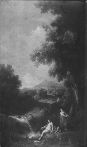 Landscape with a Waterfall and Two Women with a Boy Fishing Landscape with a Waterfall and Two Women with a Boy Fishing