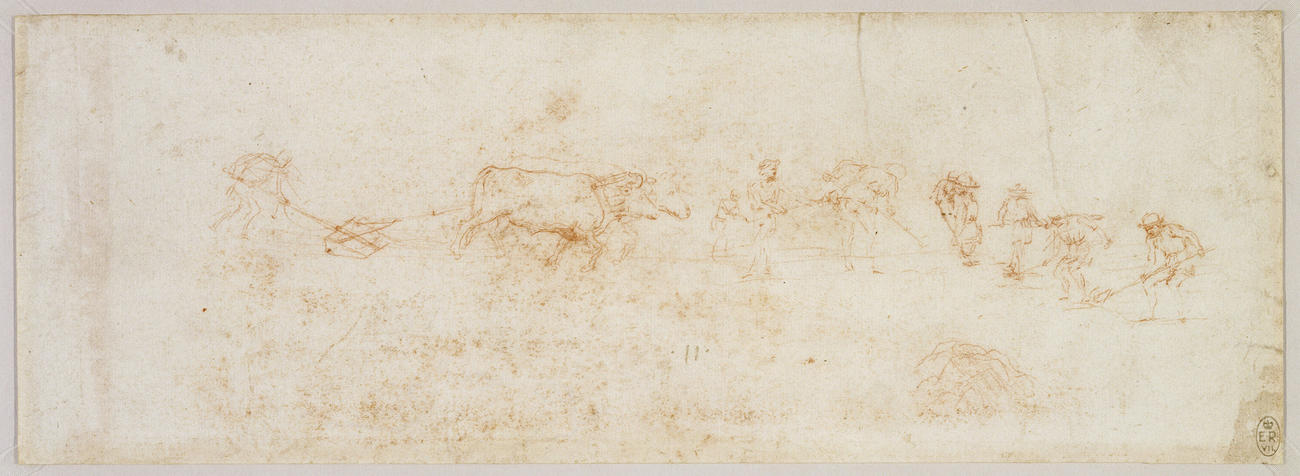A man ploughing with two oxen, and other farm workers A man ploughing with two oxen, and other farm workers