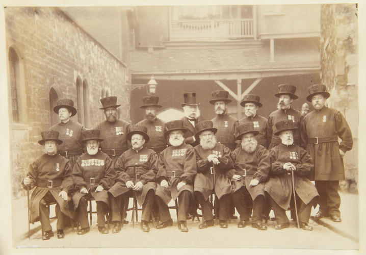 Major General Milman C. B. (Major of the Tower) and H. M. 's Yeoman Warders (Undress), 1885. [Album: Photographic Portraits Vol. 5/63 1875-1889]