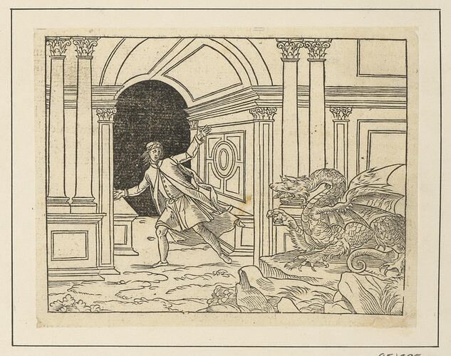 Master: Discours du Songe de Poliphile [Hypnerotomachia Poliphili]
Item: Poliphilo encounters a monstrous dragon and takes flight through underground places