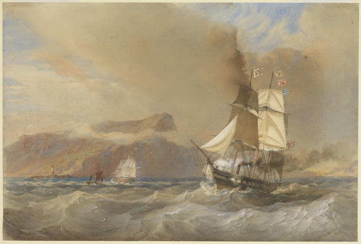 HMS Racoon hove to for a pilot at Rondo Island, 19 July 1864