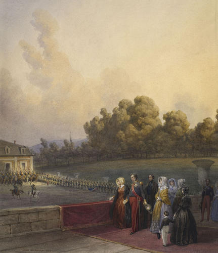 Royal visit to Louis-Philippe: Queen Victoria taking the salute of the Garde Nationale, on the balcony of the Château d'Eu. 2 September 1843