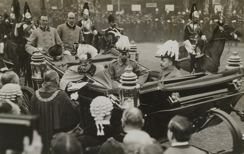 Master: Page 1 of Queen Mary's Album, Volume 15 (17th November 1909 - 16th December 1911)
Item: King Manuel II of Portugal (1889-1932) and Prince George, later King George V (1865-1936)