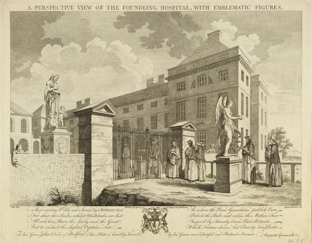 A perspective view of the Foundling Hospital with emblematic figures A perspective view of the Foundling Hospital with emblematic figures