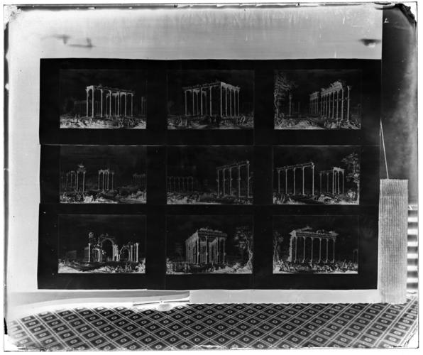 Glass plate negative of a group of pictures of ruins