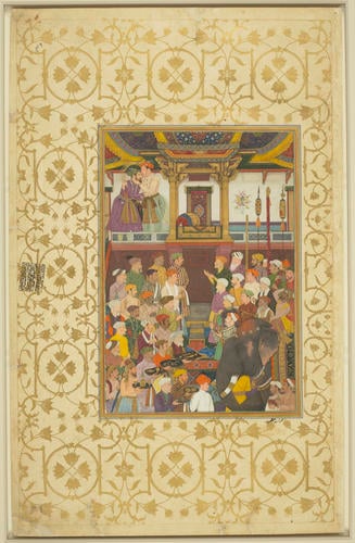 Master: Padshahnamah پادشاهنامه (The Book of Emperors) ‎‎
Item: Jahangir receives Prince Khurram on his return from the Deccan (10 October 1617)