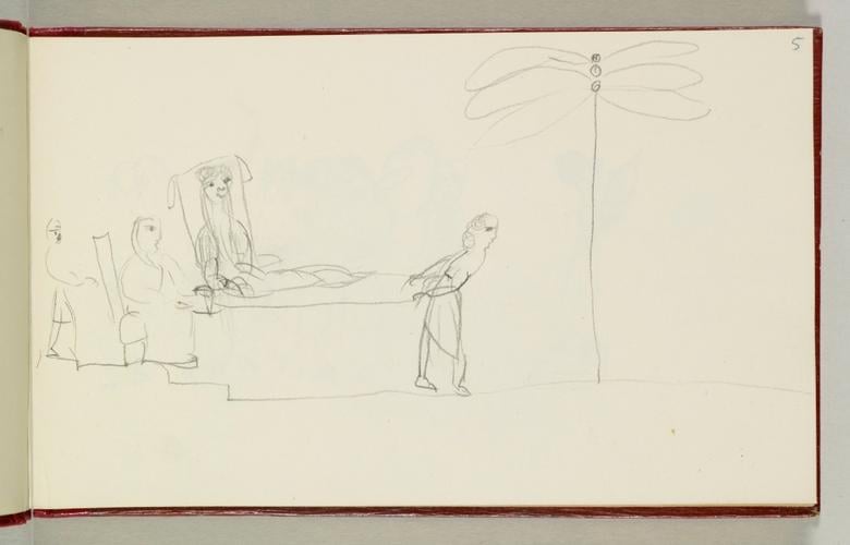 Master: Princess Victoria's sketchbook, 1827
Item: A female figure being carried on a sedan chair Master: Princess Victoria's sketchbook, 1827
Item: A female figure being carried on a sedan chair