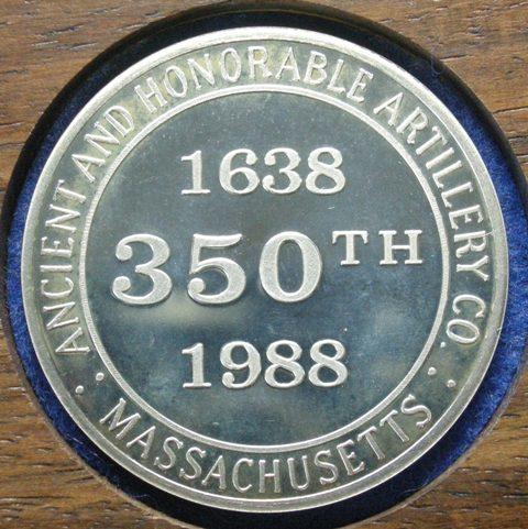 U. S. A. Medal commemorating the 350th Anniversary of the foundation of the Ancient and Honourable Artillery Company of Massachusetts, 1988 U. S. A. Medal commemorating the 350th Anniversary of the foundation of the Ancient and Honourable Artillery Company of Massachusetts, 1988