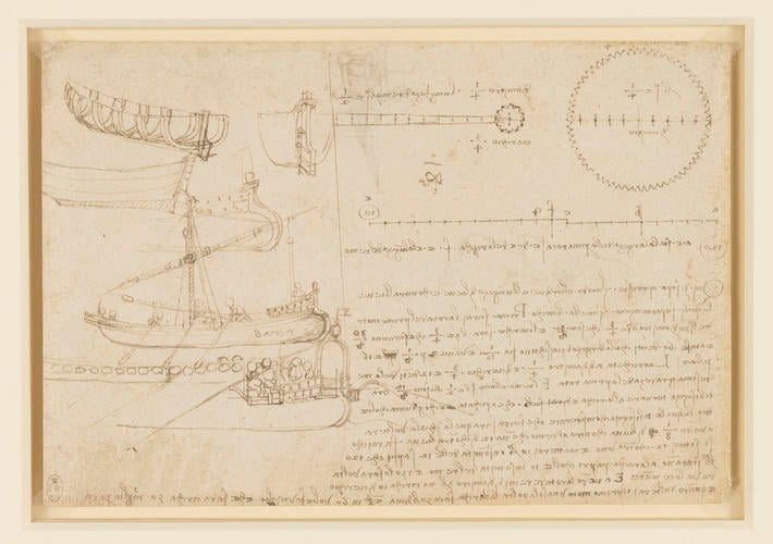 Recto: Designs for boats. Verso: A design for a paddle-boat, and the head of an old man in profile