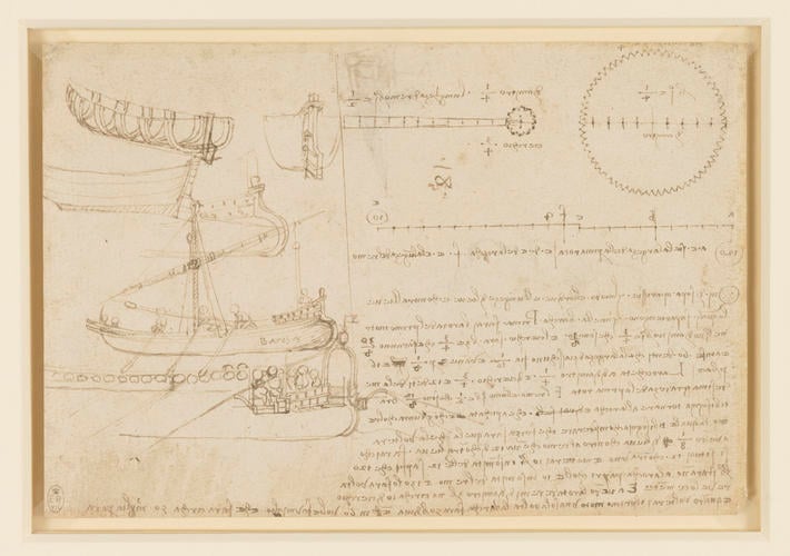 Recto: Designs for boats. Verso: A design for a paddle-boat, and the head of an old man in profile Recto: Designs for boats. Verso: A design for a paddle-boat, and the head of an old man in profile