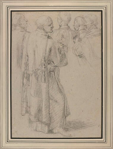 Five standing men seen from behind