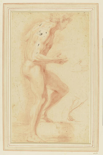 A male nude figure, standing to right; studies of a hand and a leg A male nude figure, standing to right; studies of a hand and a leg