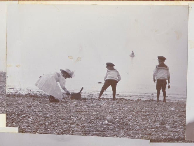 Master: Page 37 of Princess Victoria's album: Royal children on Snettisham Beach, Norfolk
Item: Royal children at Snettisham Beach