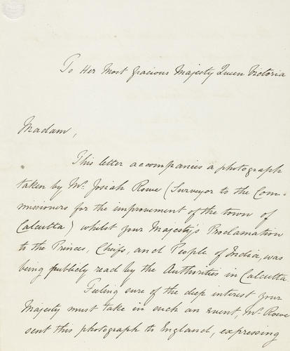 Master: HM Queen Victoria's Proclamation to the Prince's Chiefs and People of India, 1858.
Item: Letter offering photograph of the Proclamation Master: HM Queen Victoria's Proclamation to the Prince's Chiefs and People of India, 1858.
Item: Letter offering photograph of the Proclamation
