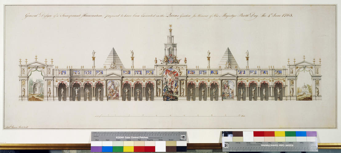 Master: The Illuminations at Buckingham House for the King's Birthday, 1763.
Item: General Design of a Transparent Illumination, proposed to have been Executed in the Queen's Garden in Honour of His M