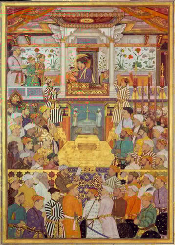 Master: Padshahnamah پادشاهنامه (The Book of Emperors)
Item: Shah-Jahan receives his three eldest sons and Asaf Khan during his accession ceremonies (8 March 1628) Master: Padshahnamah پادشاهنامه (The Book of Emperors)
Item: Shah-Jahan receives his three eldest sons and Asaf Khan during his accession ceremonies (8 March 1628)