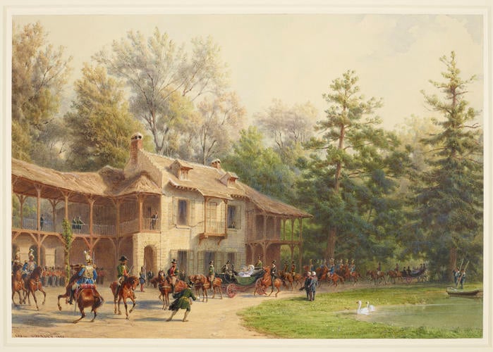 Queen Victoria arriving at the Maison du Seigneur at the Petit Trianon, 21 August 1855