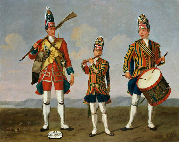 Grenadier, 49th Regiment of Foot, and Fifer and Drummer, Foot Guards, 1751