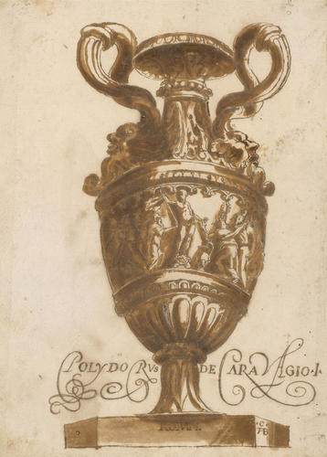 An antique vase, with a frieze of figures worshipping a statue