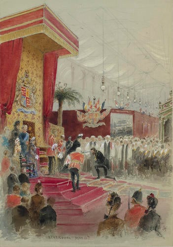 The opening of the Liverpool Exhibition: the Queen knights the Mayor, 11 May 1886