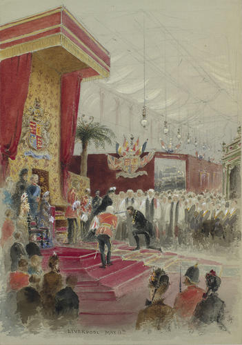 The opening of the Liverpool Exhibition: the Queen knights the Mayor, 11 May 1886