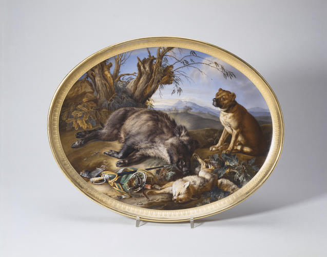 Hunting scene with a Dog a Boar and a Fox