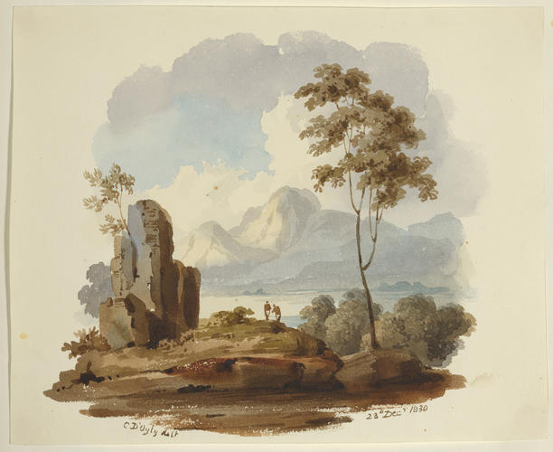 Rocks and trees, with mountainous background