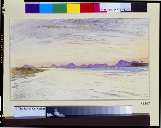 Venice: the Euganean Hills from the Lagoon (Mount Eugenai) seen at sunset