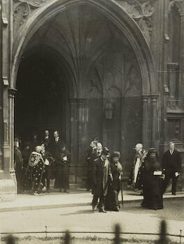 Master: Page 36 of Queen Mary's Album, volume 17 (June 1913 - 2nd July 1916)
Item: After the funeral of the Duke of Argyll, Westminster Abbey