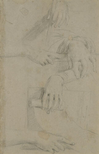 Recto: A kneeling angel turned to the left. Verso: Studies of hands