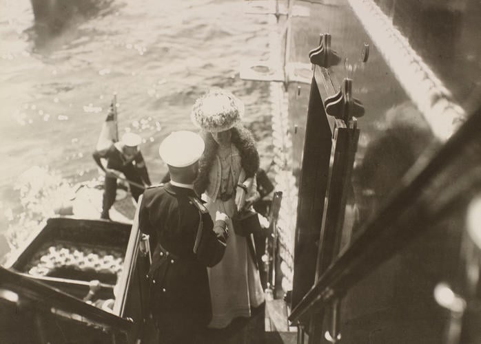 Nicholas II, Emperor of Russia greeting Queen Alexandra as she boards a yacht in the Bay of Reval, 1908 Nicholas II, Emperor of Russia greeting Queen Alexandra as she boards a yacht in the Bay of Reval, 1908