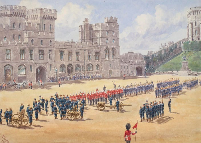 Review of officers and men of the Royal Navy and Royal Marines from HMS Powerful, at Windsor Castle, 2 May 1900 Review of officers and men of the Royal Navy and Royal Marines from HMS Powerful, at Windsor Castle, 2 May 1900
