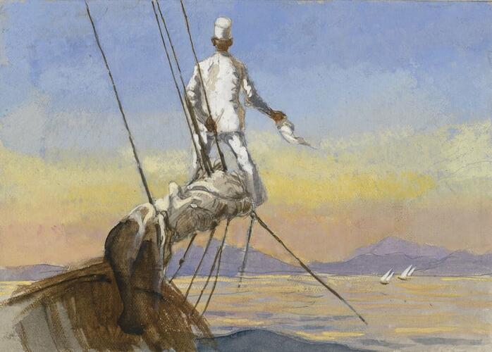 Crew member waving on the bow-spit of a ship