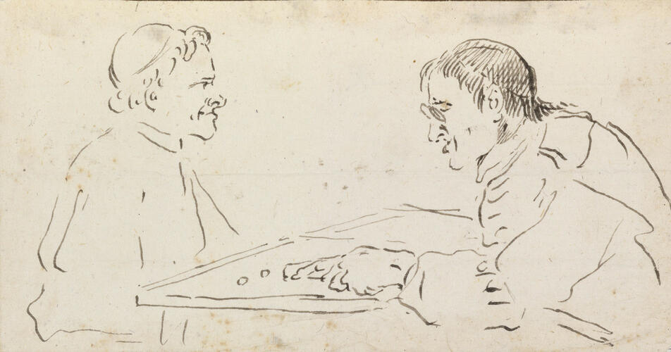 Two priests, both in skull caps, seated at a game with dice