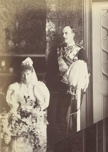 Photograph of Prince Adolphus of Teck with his bride Lady Margaret Grosvenor, 12 December 1894