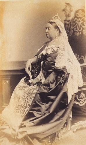 Portrait photograph of Queen Victoria (1819–1901) dressed for the wedding of The Duke and Duchess of Albany, 1882