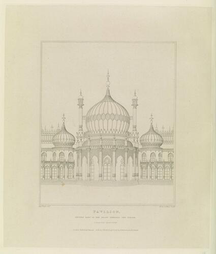 Master: Illustrations of Her Majesty's Palace at Brighton; formerly the Pavilion: executed by the Command of King George the Fourth, under the Superintendence of John Nash, Esq. , architect : to which is prefixed, A History of the Palace, by Edward Wedlake Brayley, Esq. , F. S. A.
Item: Pavilion, Centre Part of the Front Towards the Steyne