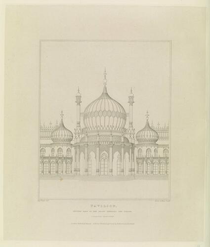 Master: Illustrations of Her Majesty's Palace at Brighton; formerly the Pavilion: executed by the Command of King George the Fourth, under the Superintendence of John Nash, Esq. , architect : to which is prefixed, A History of the Palace, by Edward Wedlake Brayley, Esq. , F. S. A.
Item: Pavilion, Centre Part of the Front Towards the Steyne Master: Illustrations of Her Majesty's Palace at Brighton; formerly the Pavilion: executed by the Command of King George the Fourth, under the Superintendence of John Nash, Esq. , architect : to which is prefixed, A History of the Palace, by Edward Wedlake Brayley, Esq. , F. S. A.
Item: Pavilion, Centre Part of the Front Towards the Steyne