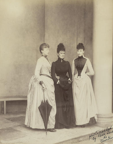 Photograph of Princess Victoria Mary of Teck with Princess Hélène and Princess Marguerite d'Orleans, Sheen House, June 1889