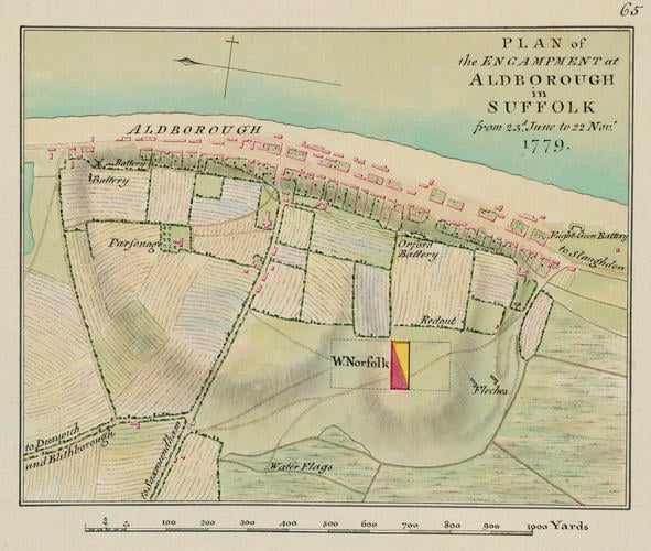 Master: Maps of encampments in England and Great Britain, 1778-82
Item: Map of encampment at Aldeburgh, 1779 (Aldeburgh, Suffolk, UK) 52?09'09 Master: Maps of encampments in England and Great Britain, 1778-82
Item: Map of encampment at Aldeburgh, 1779 (Aldeburgh, Suffolk, UK) 52?09'09