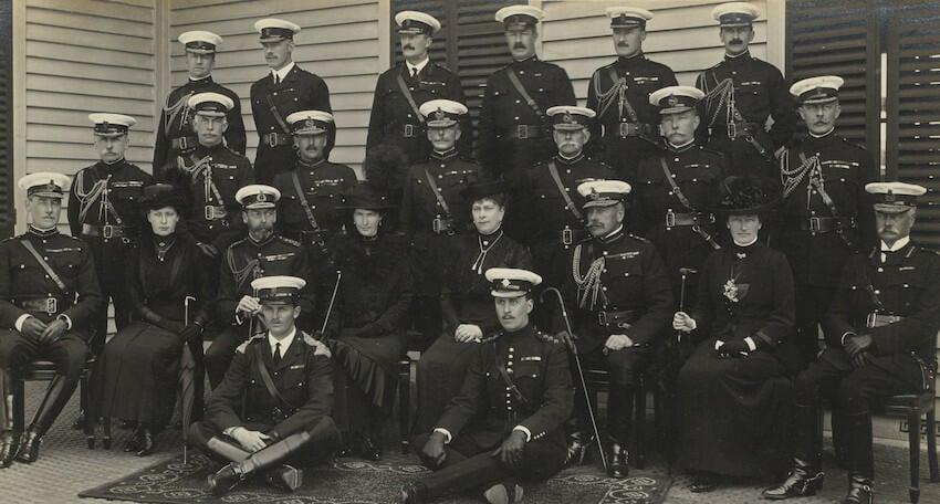 Master: Page 37 of Queen Mary's Album, volume 17 (June 1913 - 2nd July 1916)
Item: Group photograph taken at Royal Pavilion, Aldershot Camp, May 1914