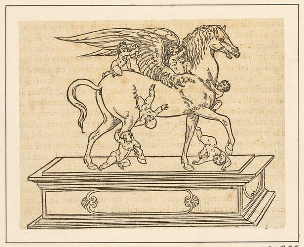 Master: Discours du Songe de Poliphile [Hypnerotomachia Poliphili]
Item: A statue of a winged horse with children trying to ride on its back
